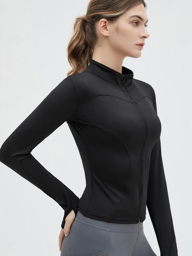 Women'S Thumb Holes Solid Zip up Mock Neck Spring Sports Jacket, Back to School Outfits, Fashion Long Sleeve Sports Outerwear for Tennis Pickleball Gym Yoga Workout Running, Define Jacket, Bbl Jackets, Women'S Sportswear Sports Wear