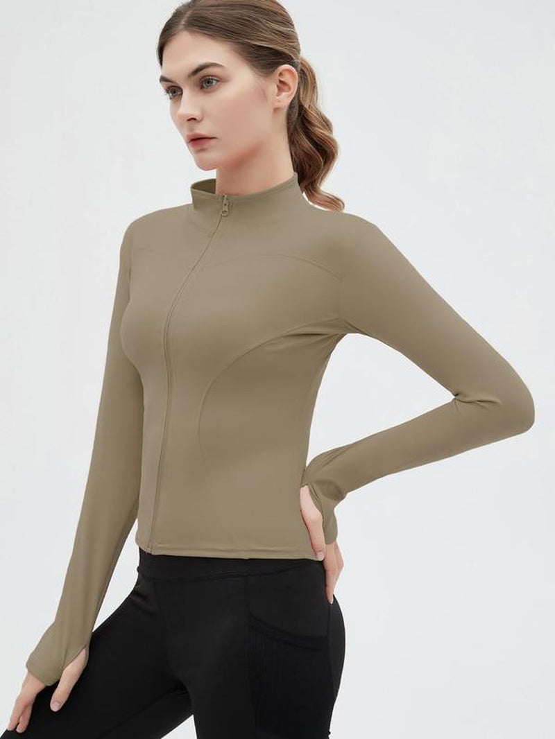 Women'S Thumb Holes Solid Zip up Mock Neck Spring Sports Jacket, Back to School Outfits, Fashion Long Sleeve Sports Outerwear for Tennis Pickleball Gym Yoga Workout Running, Define Jacket, Bbl Jackets, Women'S Sportswear Sports Wear