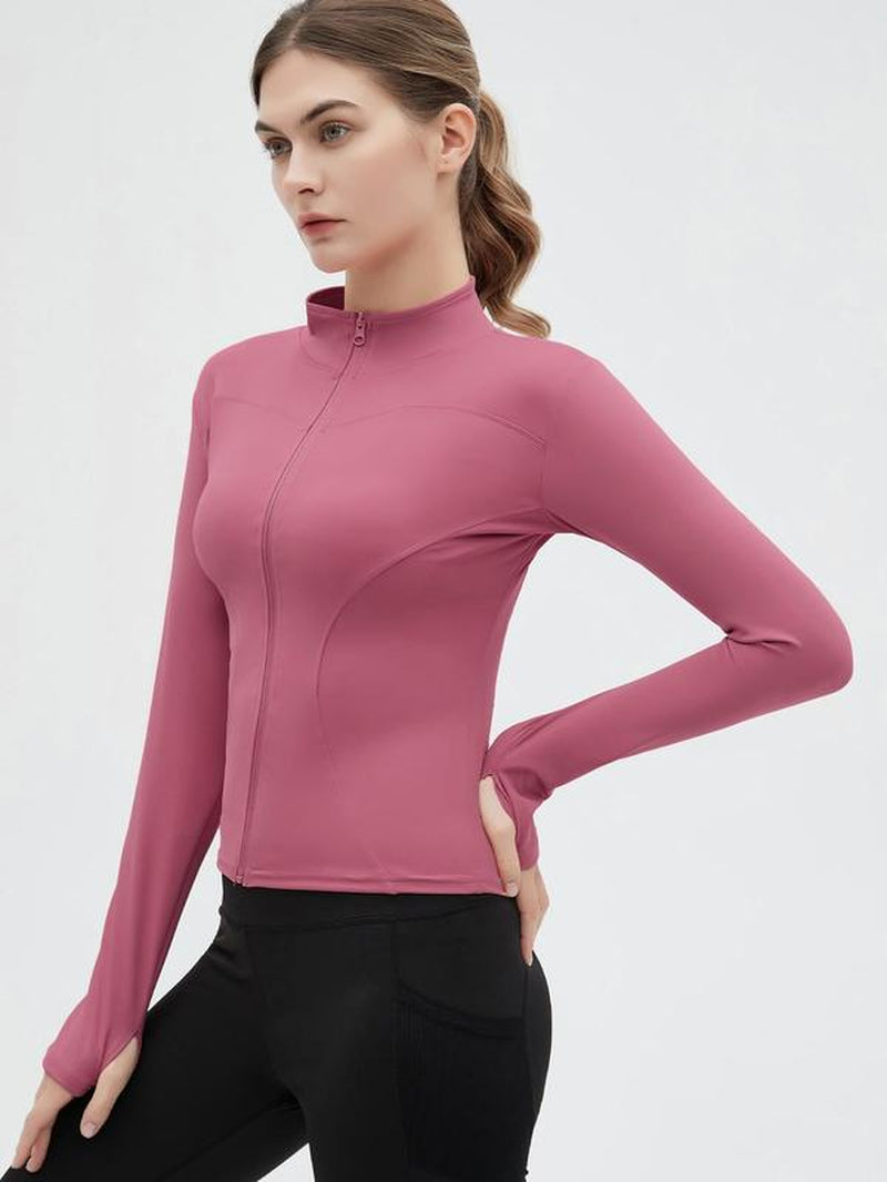 Women'S Thumb Holes Solid Zip up Mock Neck Spring Sports Jacket, Back to School Outfits, Fashion Long Sleeve Sports Outerwear for Tennis Pickleball Gym Yoga Workout Running, Define Jacket, Bbl Jackets, Women'S Sportswear Sports Wear